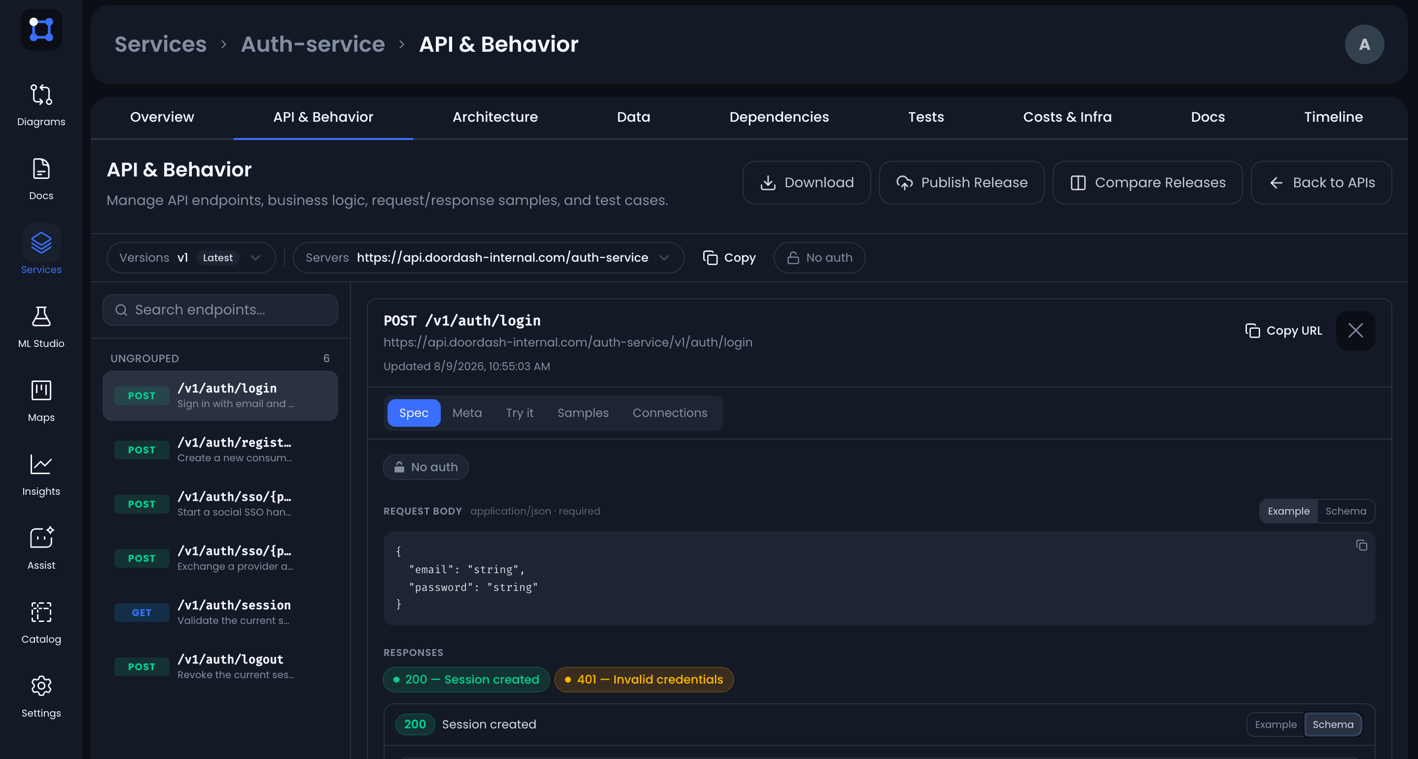 The auth-service entry in UIGraph, on the API & Behavior tab, with tabs for Overview, Architecture, Data, Dependencies, Tests, Costs & Infra, Docs, and Timeline, a searchable endpoint list, and the request body and responses for the POST /v1/auth/login endpoint