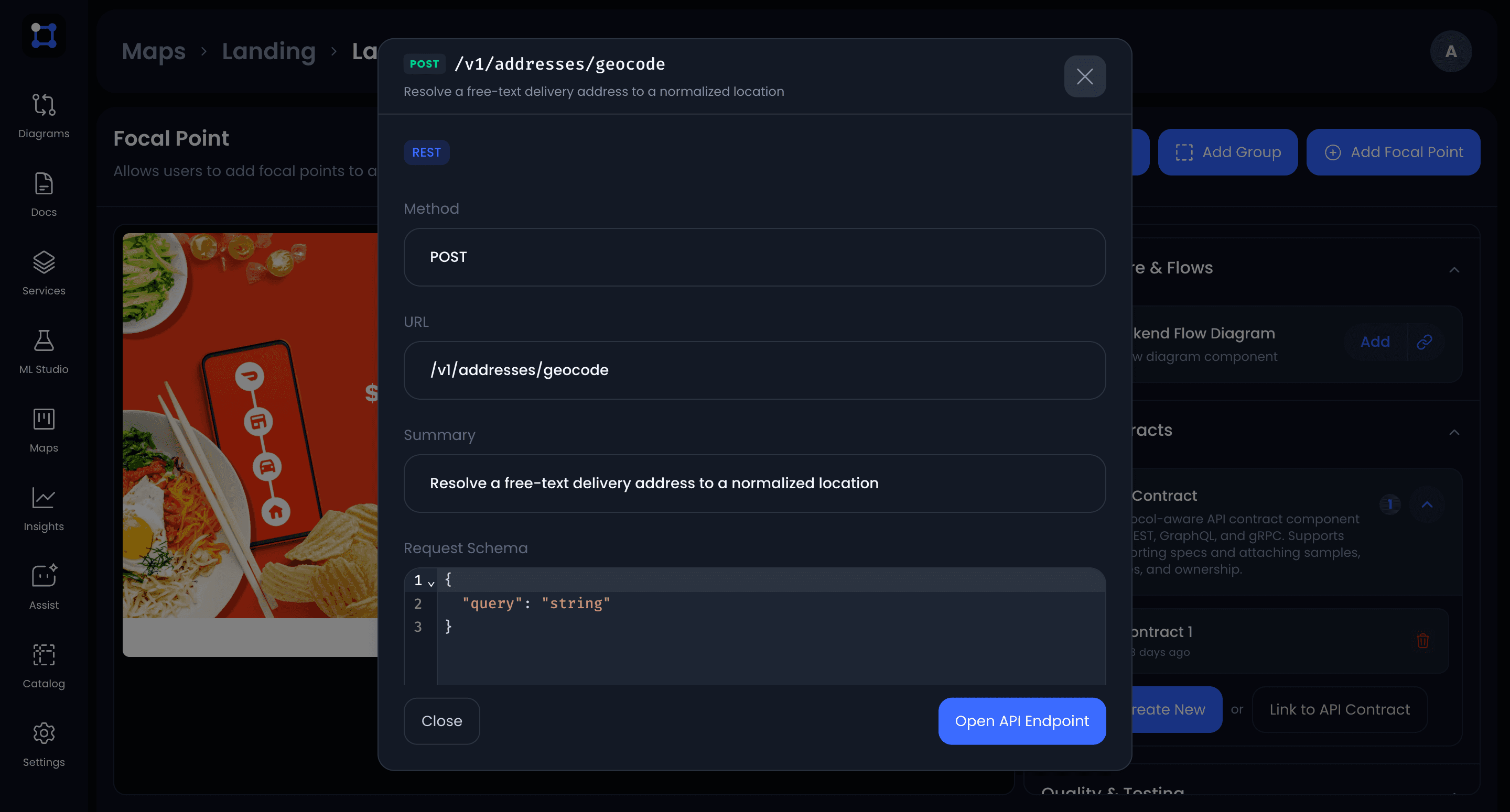 A focal point's linked API contract open in UIGraph, showing the POST /v1/addresses/geocode endpoint with its method, URL, summary, and request schema