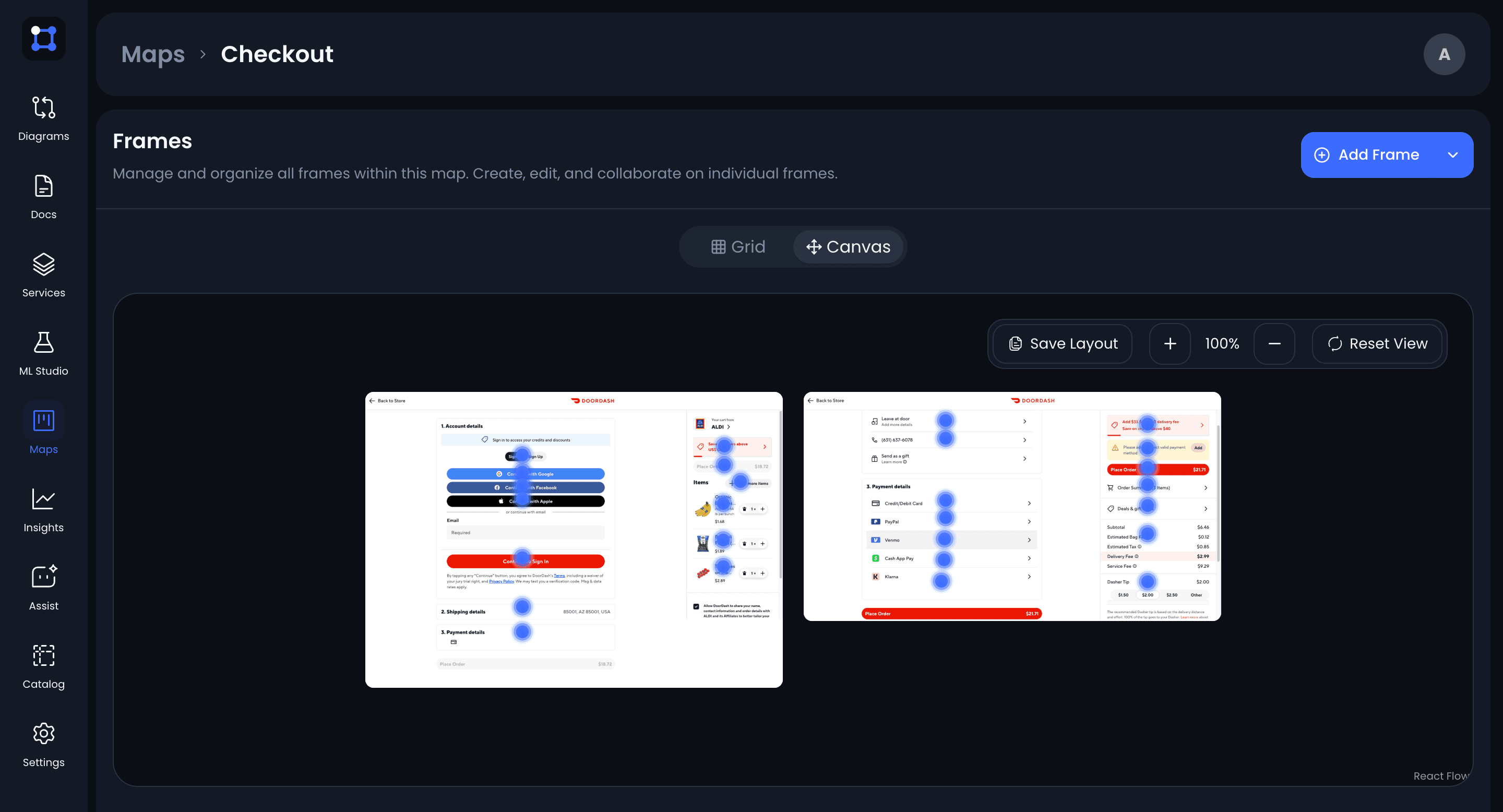 The Checkout map's frame canvas in UIGraph, with the account and payment screens grouped together as frames, each with its focal points