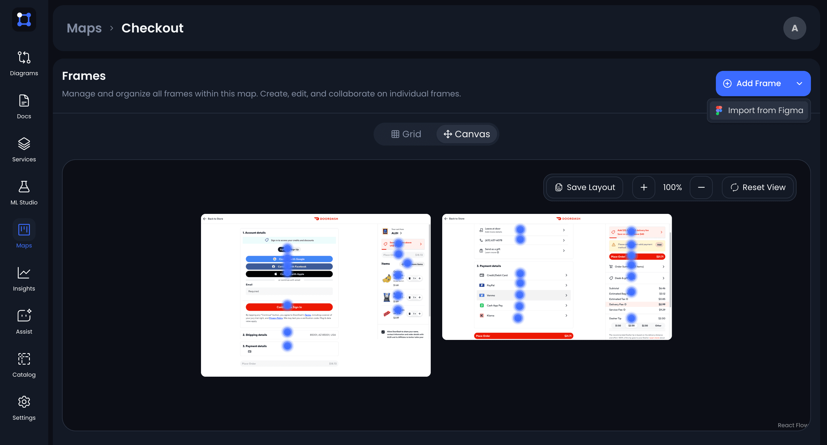The Add Frame menu in UIGraph with Import from Figma highlighted, for pulling design frames straight into a map